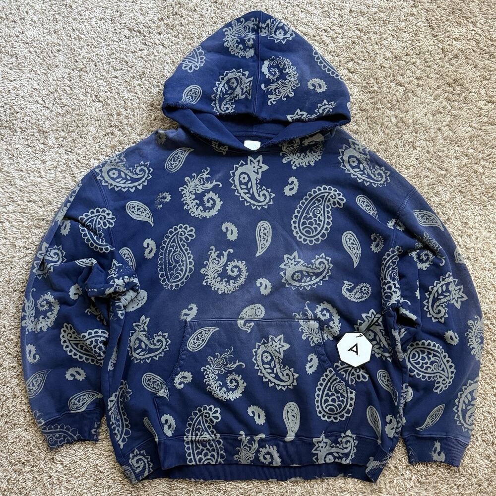 NWT $450 Alchemist Paisley Print Blue Cotton Hoodie Distressed Men’s Size XXL